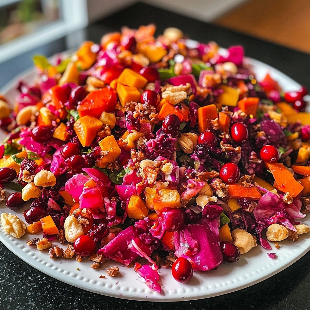 Wintersalat mit Butternutkürbis Rosenkohl Cranberries Pekannüssen und Roter Bete