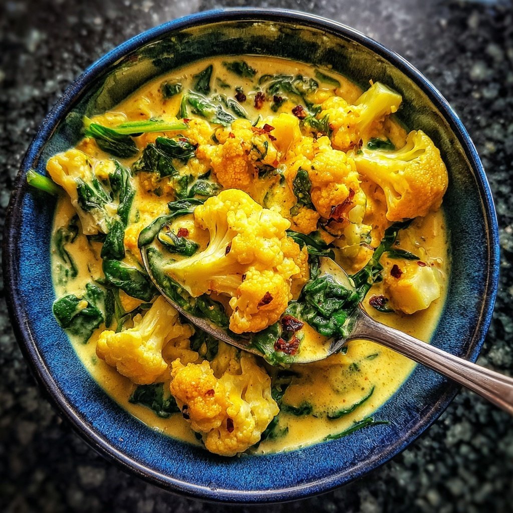 Blumenkohl Curry Mit Kokos Und Spinat