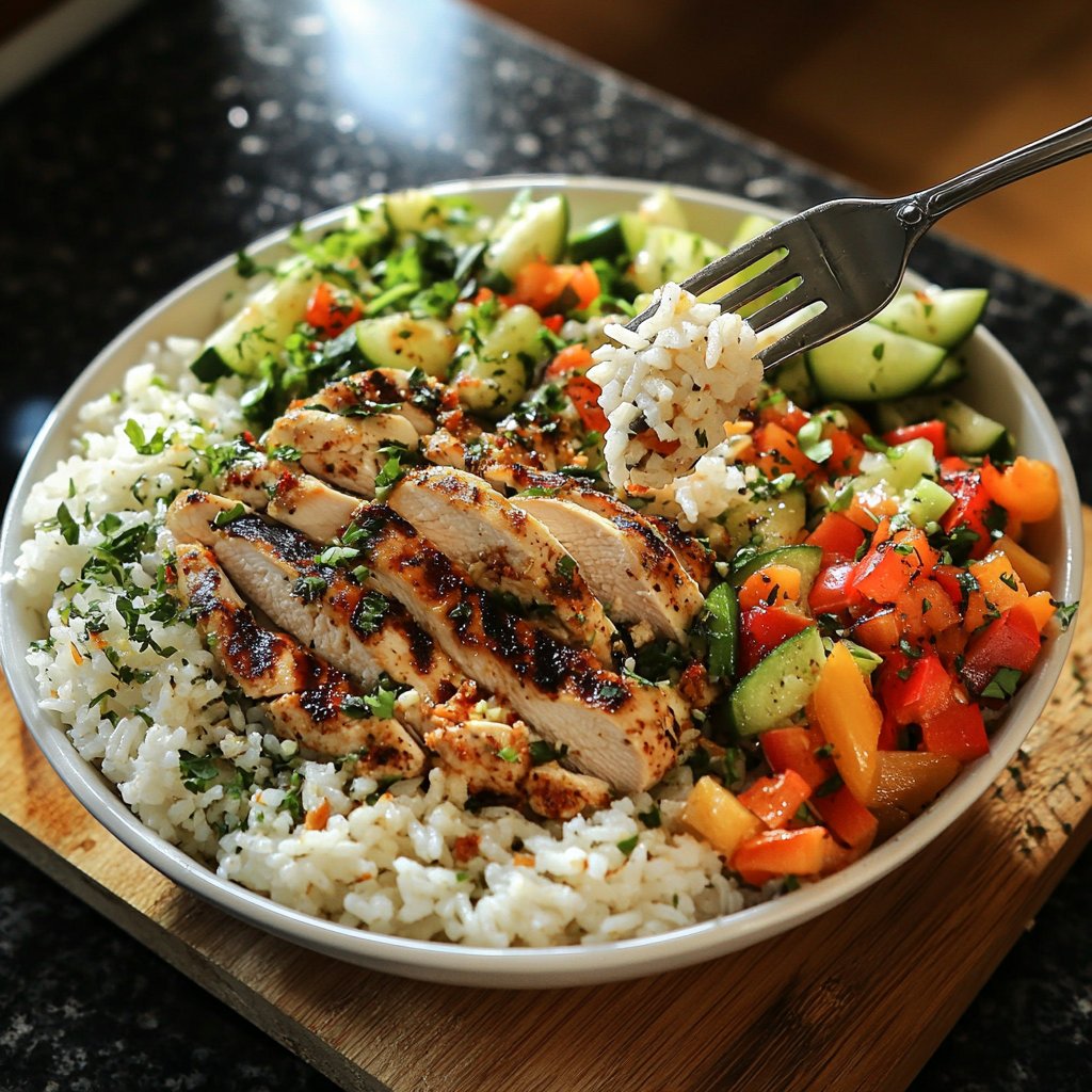High Protein Bowl mit Reis und Hähnchen