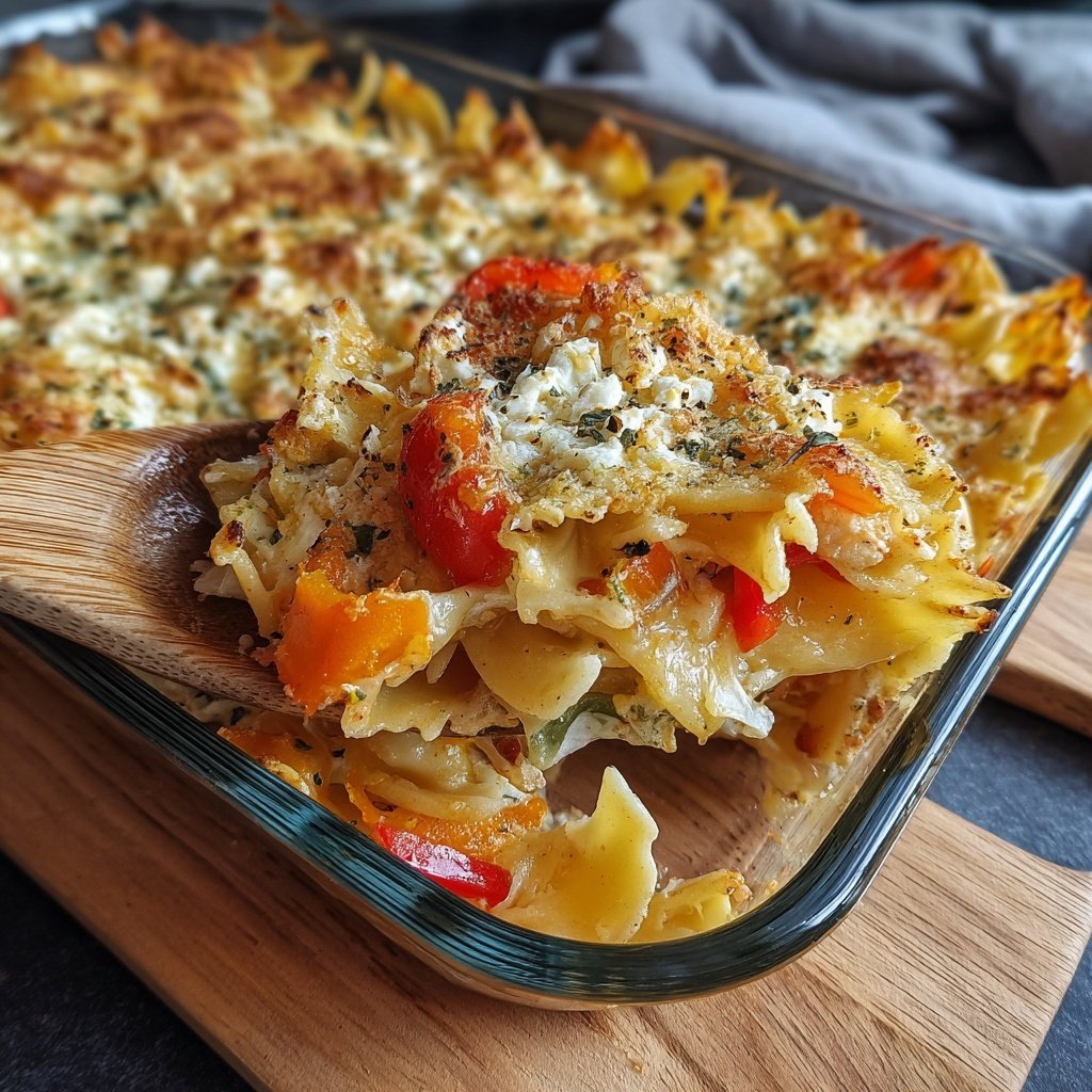 Vegetarischer Nudelauflauf mit Paprika und Feta